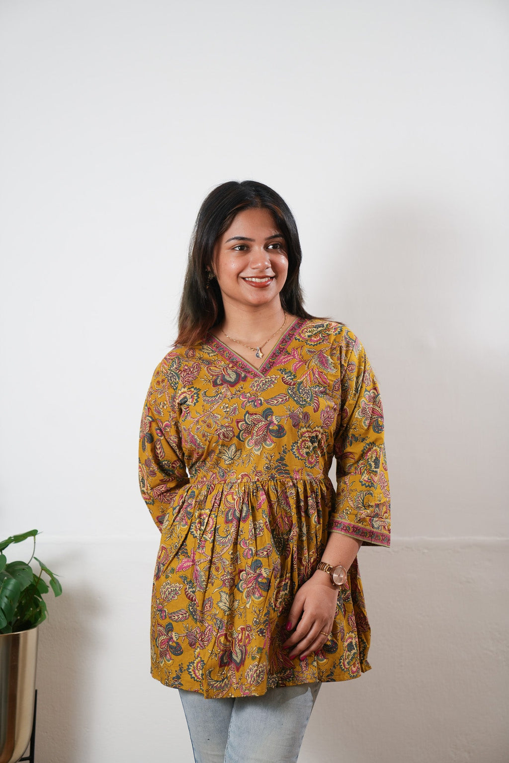 Peplum cotton short kurti - Mustard