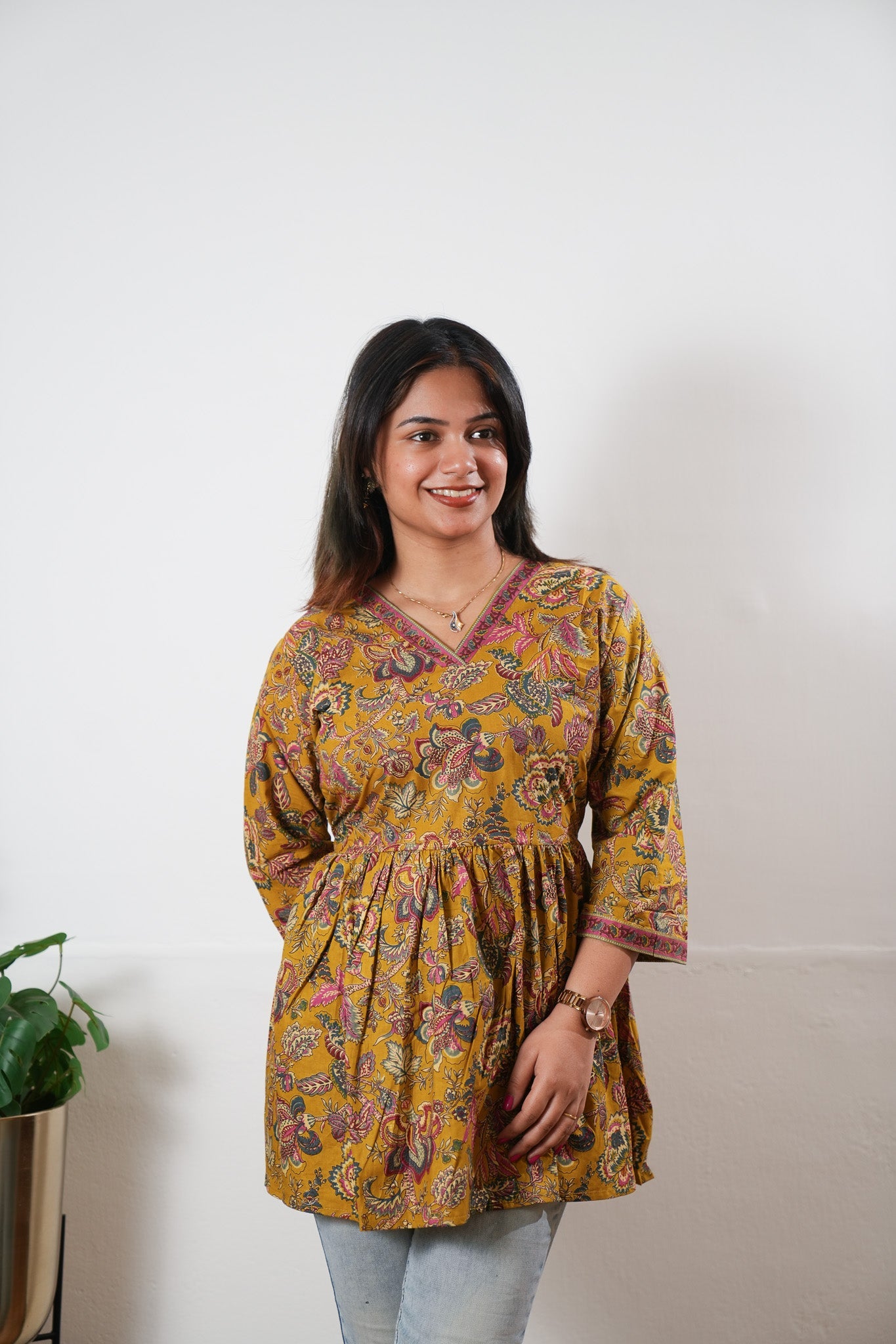 Peplum cotton short kurti - Mustard