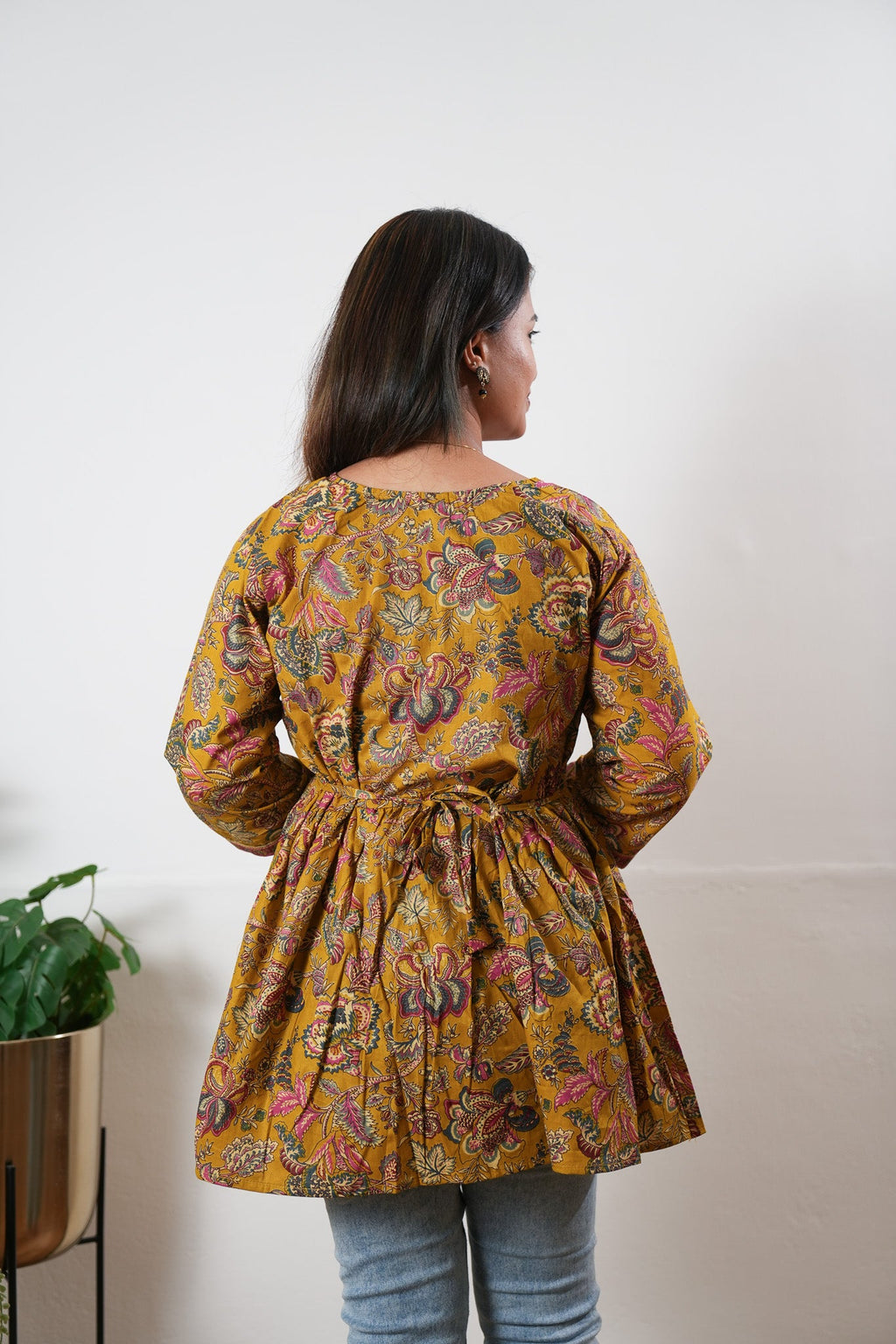 Peplum cotton short kurti - Mustard
