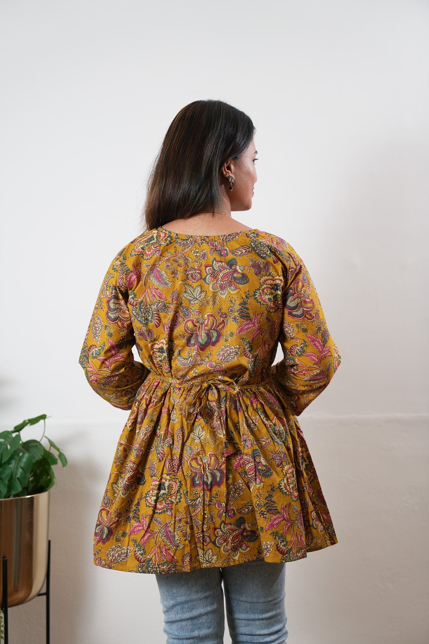 Peplum cotton short kurti - Mustard