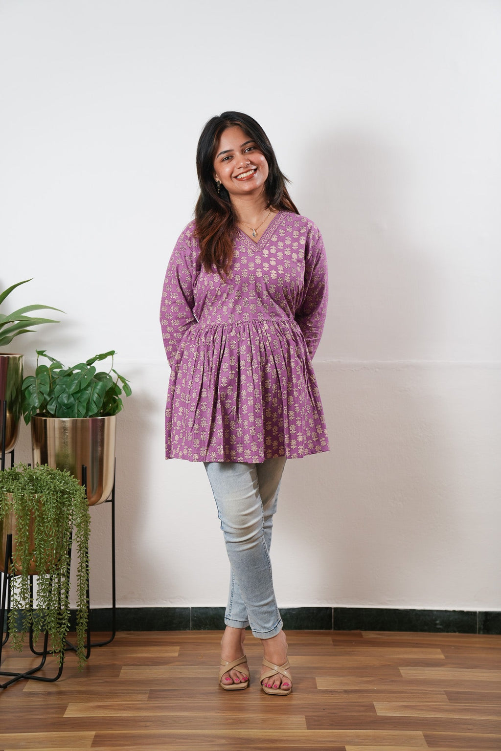 Peplum cotton short kurti - Lavender