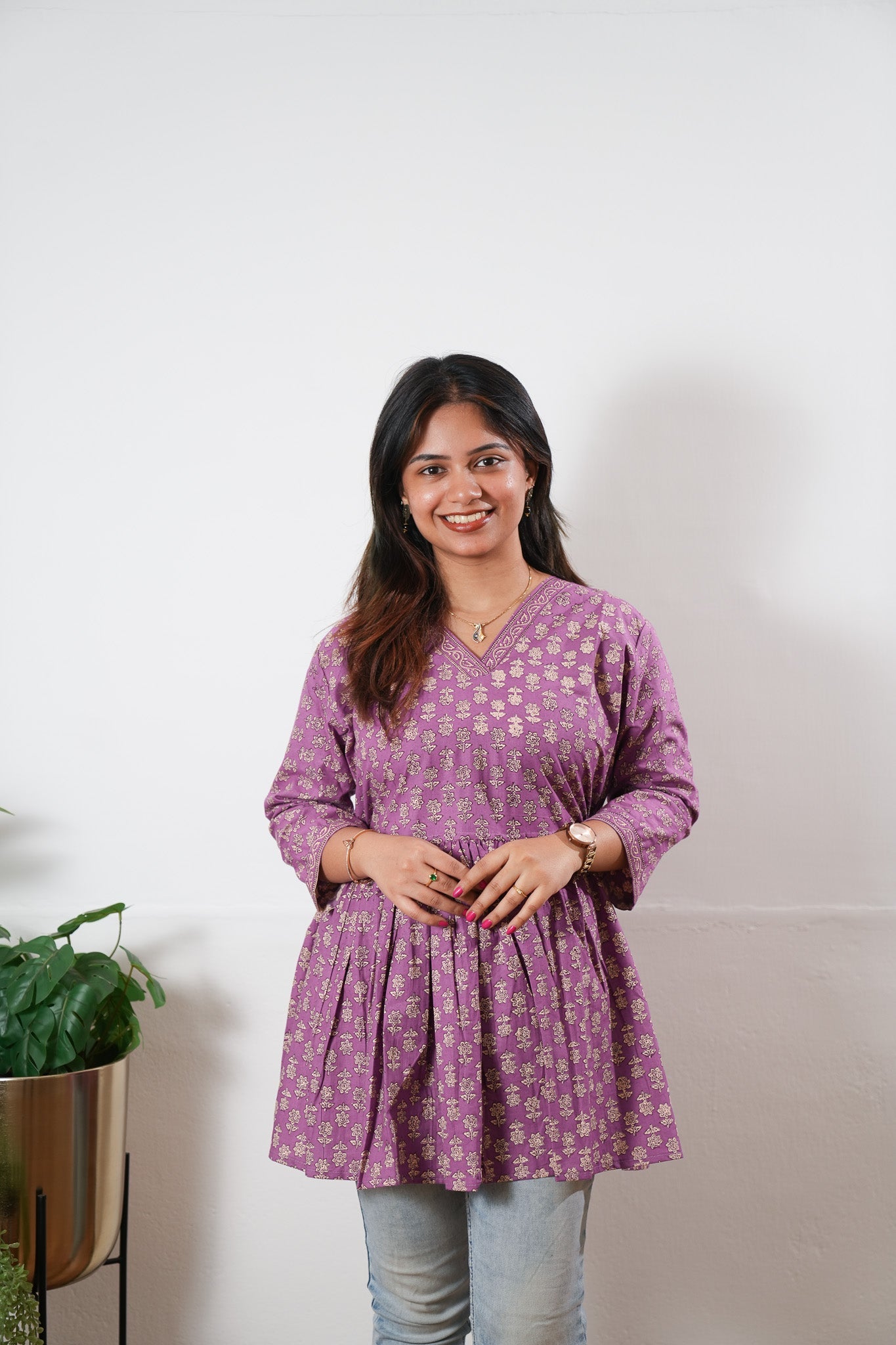 Peplum cotton short kurti - Lavender