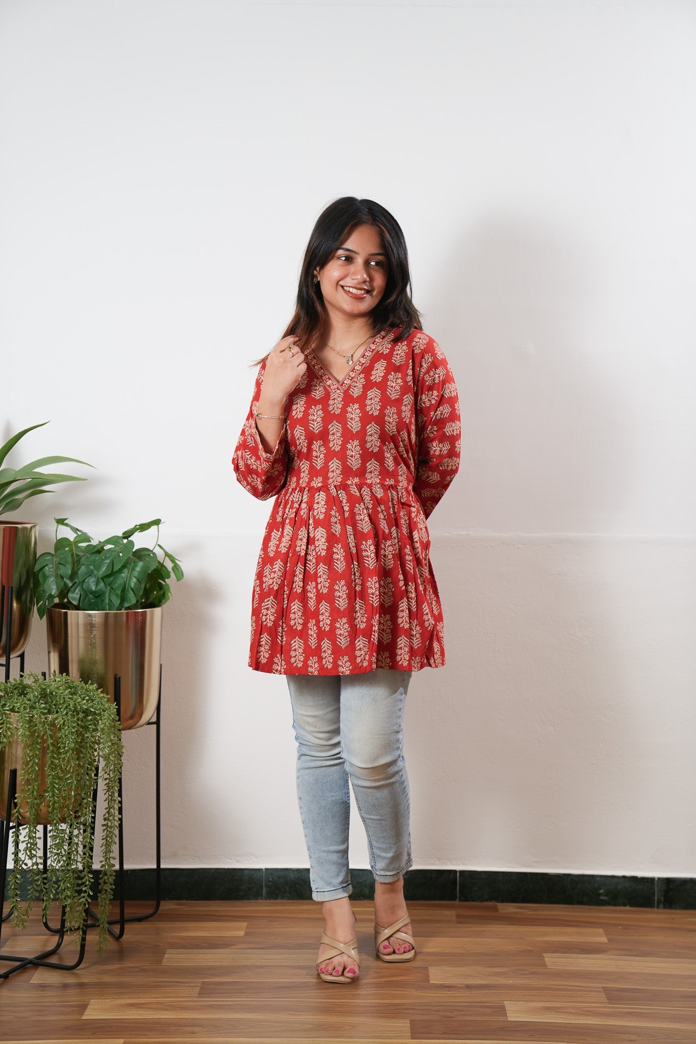 Peplum cotton short kurti - Red