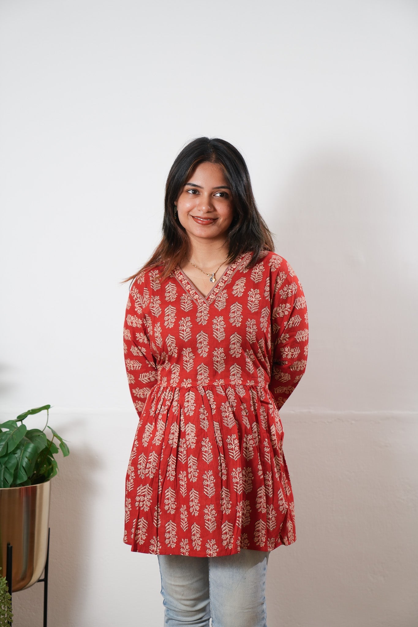 Peplum cotton short kurti - Red