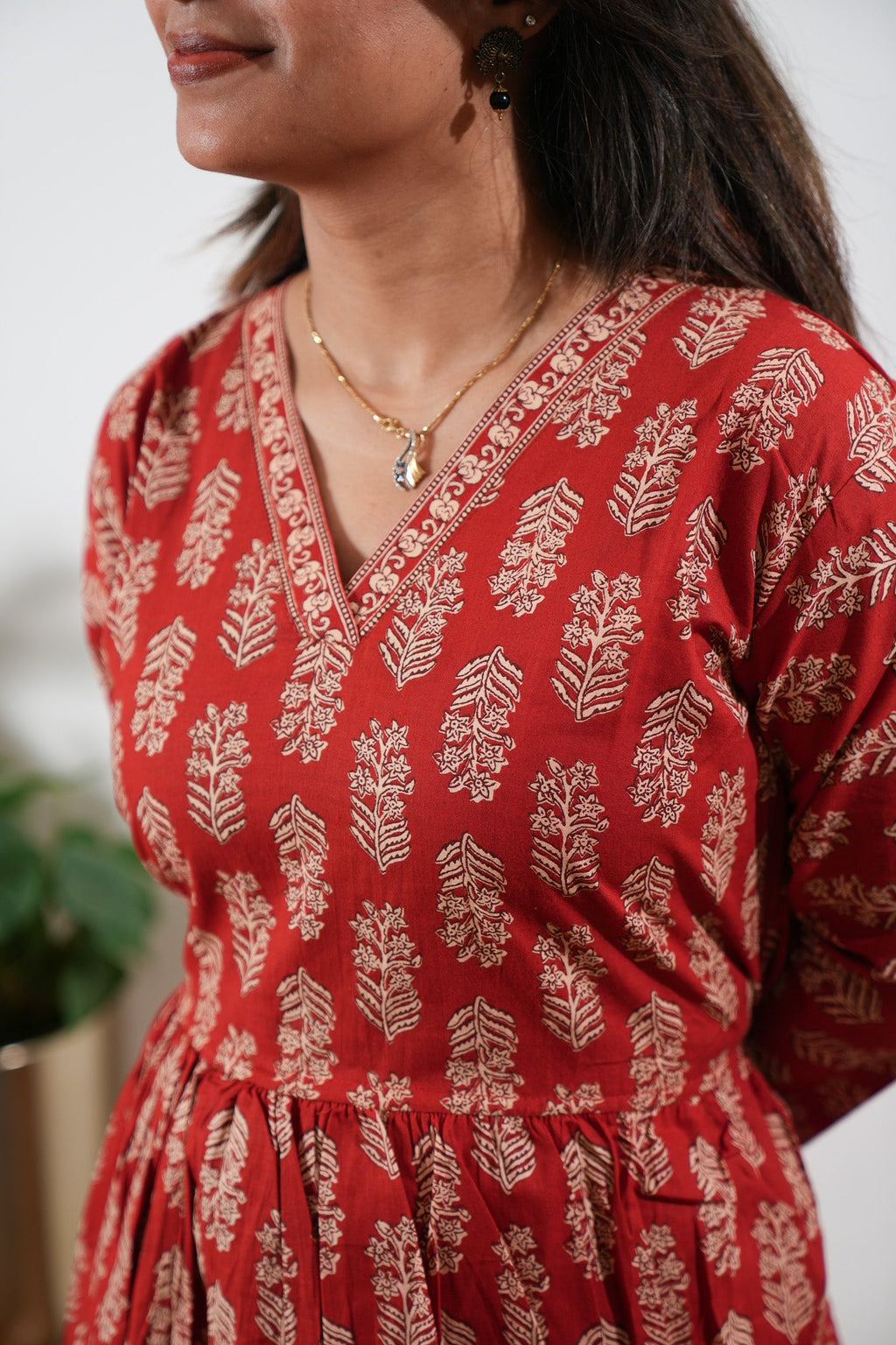 Peplum cotton short kurti - Red