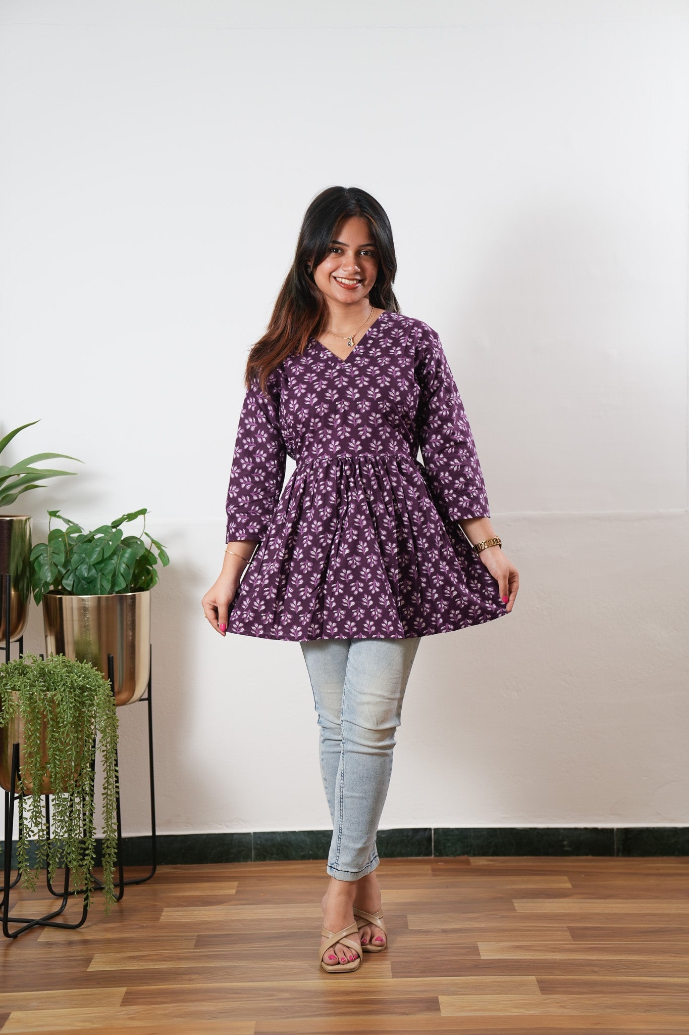 Peplum cotton short kurti - Violet