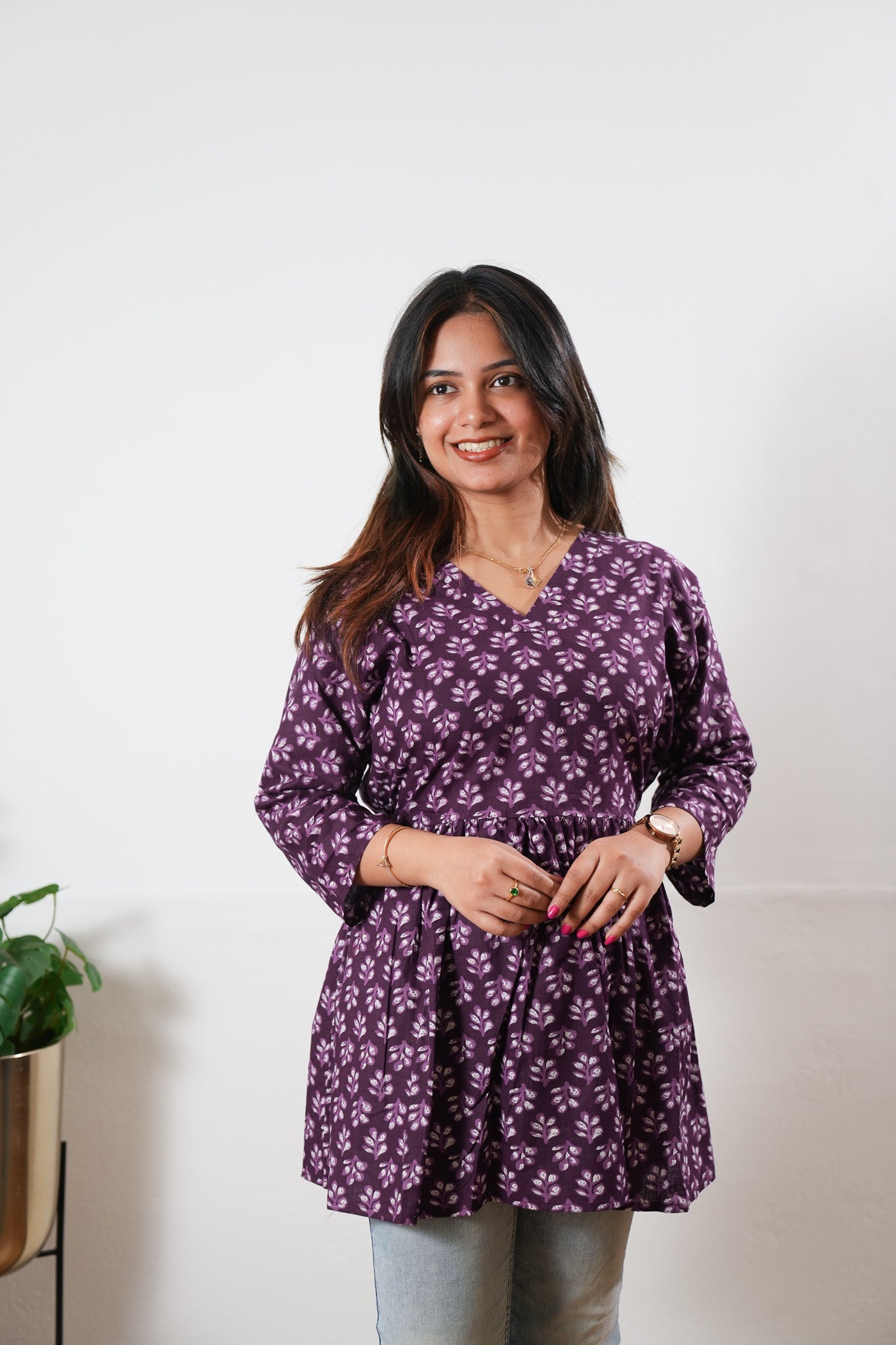 Peplum cotton short kurti - Violet