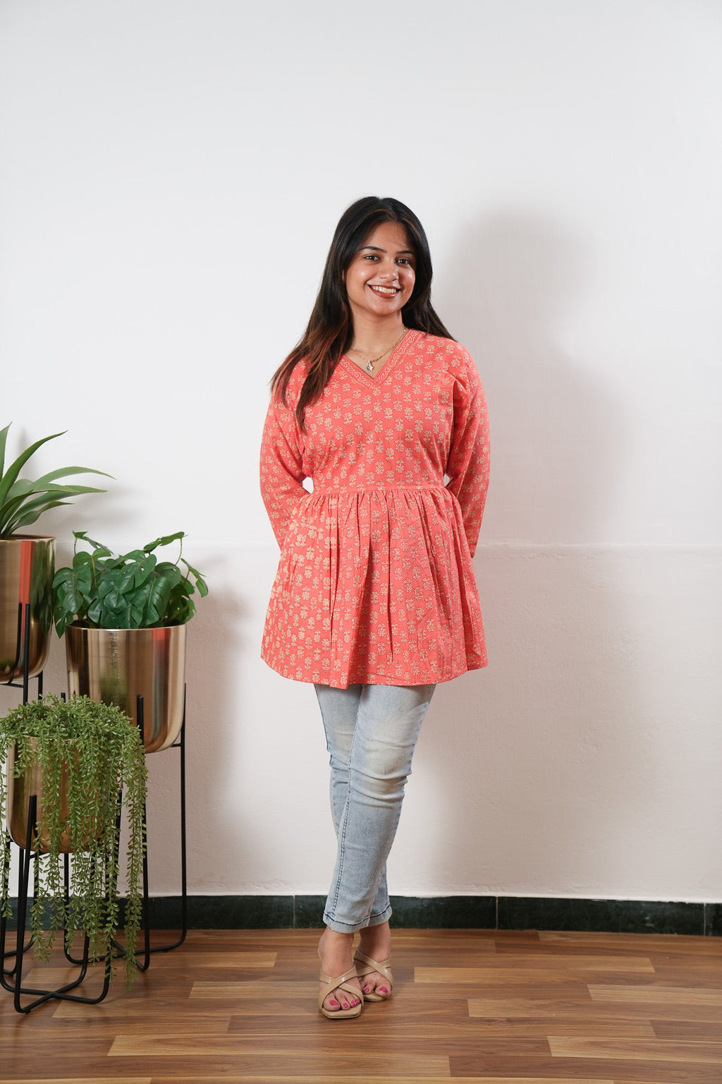 Peplum cotton short kurti - Peach