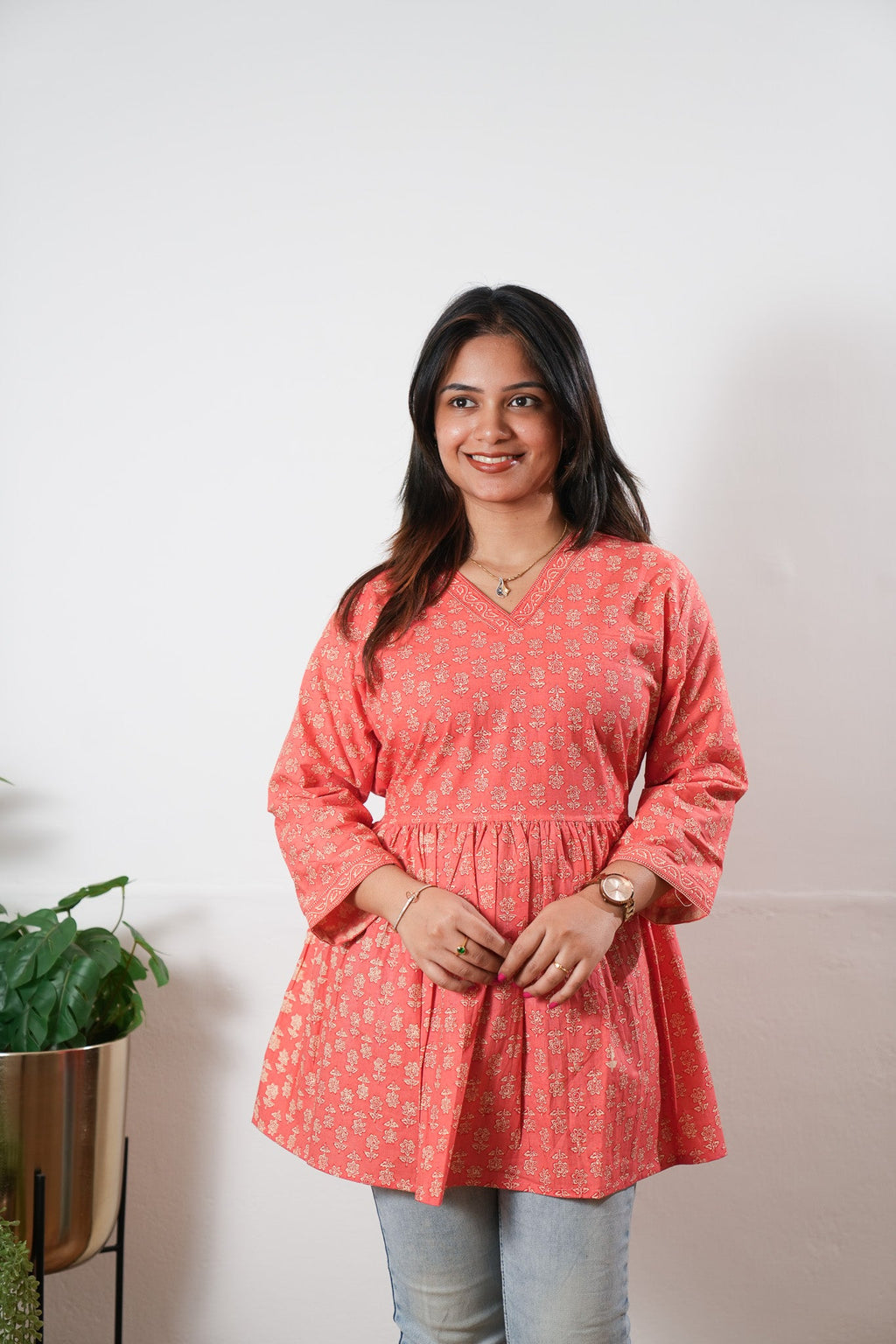 Peplum cotton short kurti - Peach
