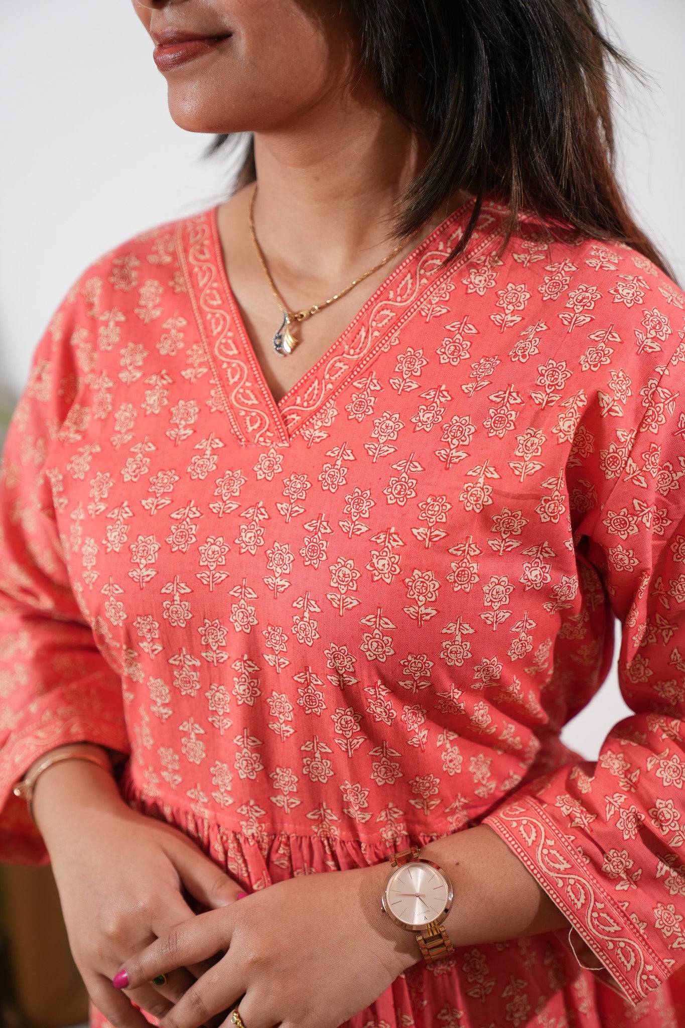 Peplum cotton short kurti - Peach