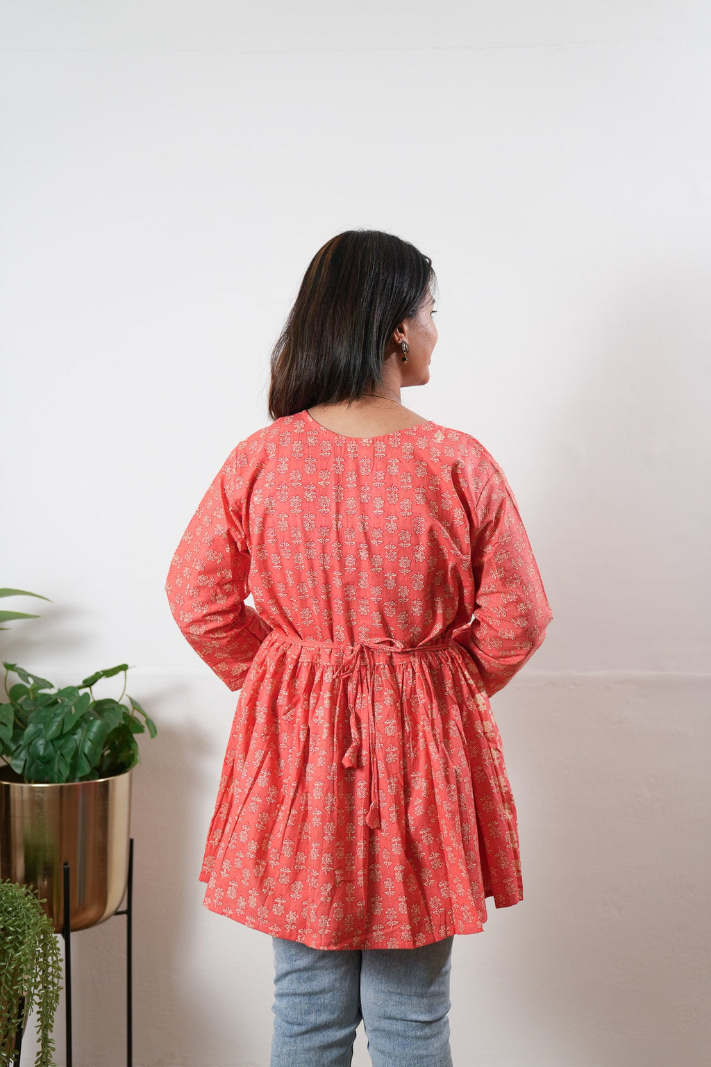 Peplum cotton short kurti - Peach