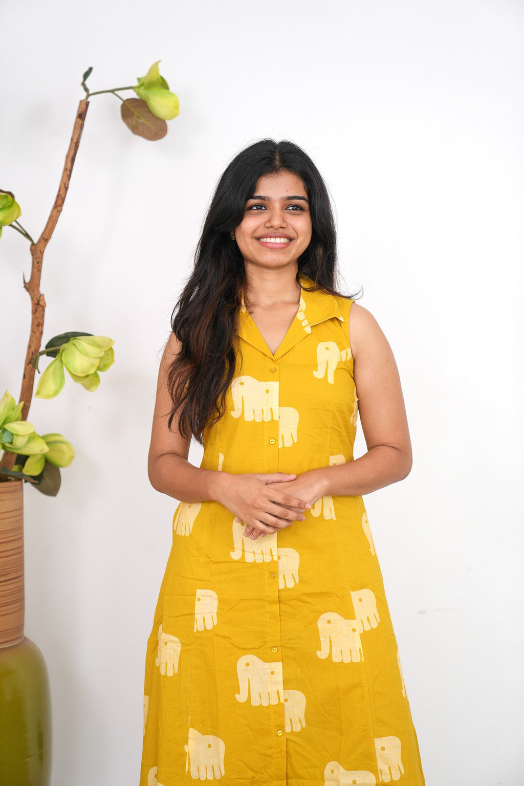 Mustard elephant cotton shirt dress(attached sleeves)