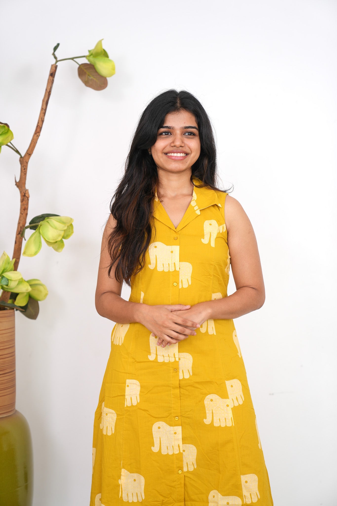 Mustard elephant cotton shirt dress(attached sleeves)