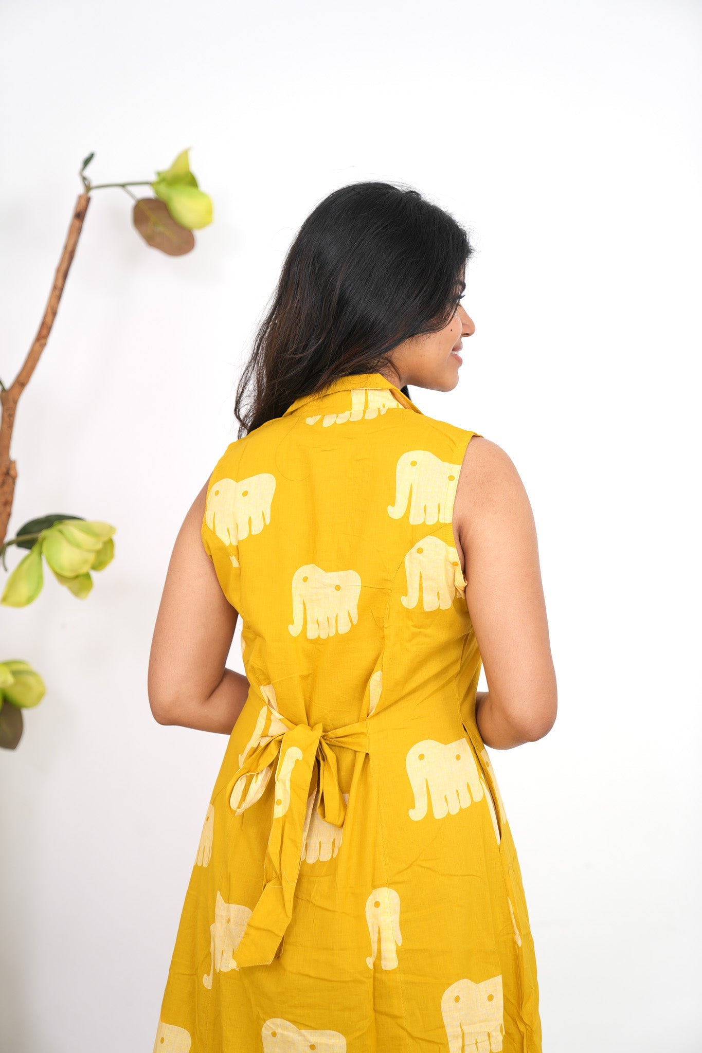 Mustard elephant cotton shirt dress(attached sleeves)