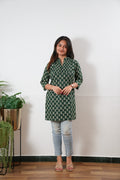 Pintex cotton short kurti - Green lotus