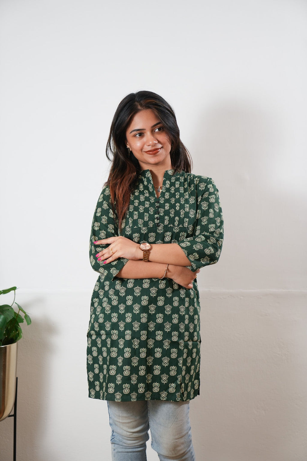 Pintex cotton short kurti - Green lotus