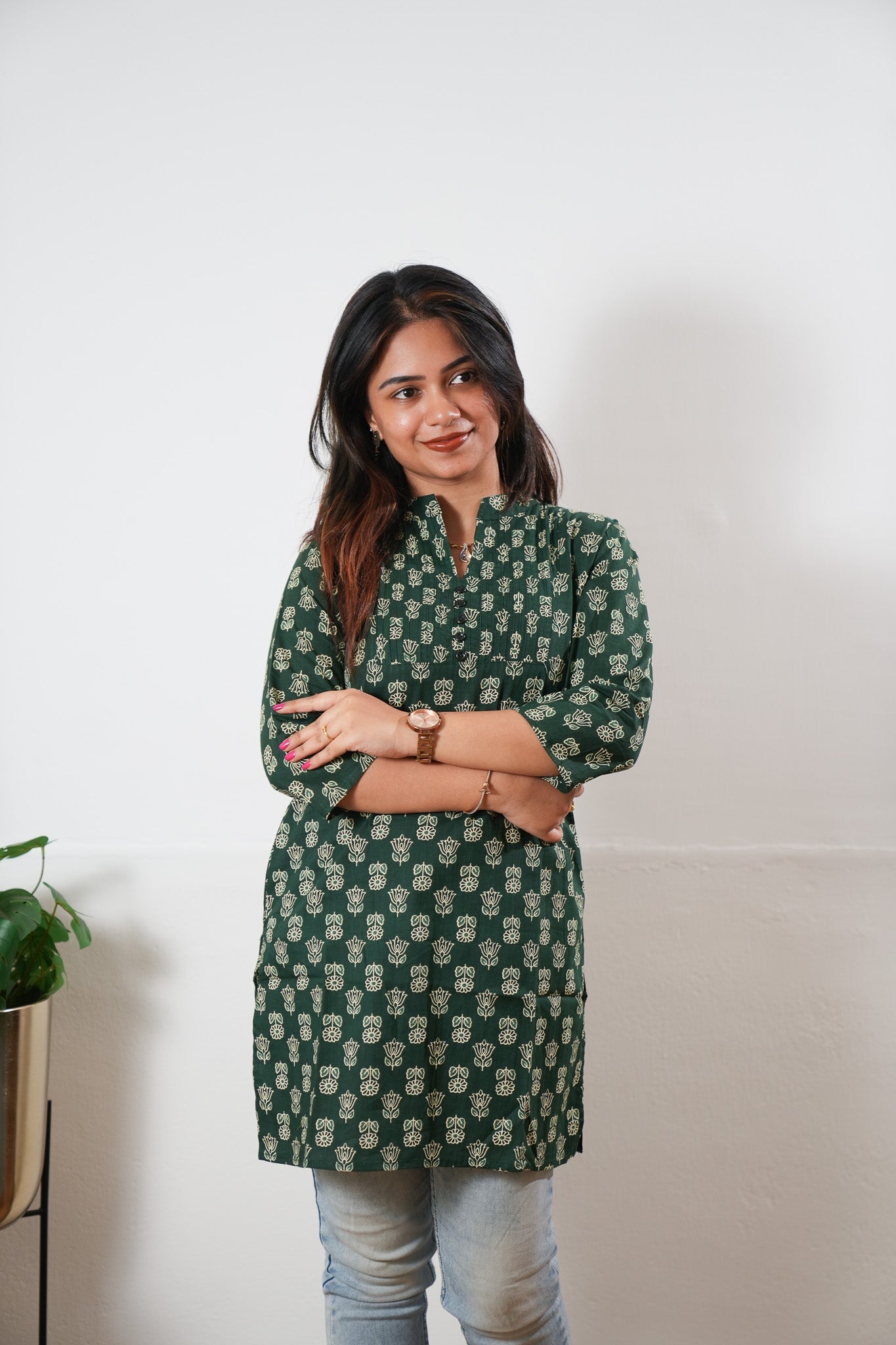 Pintex cotton short kurti - Green lotus
