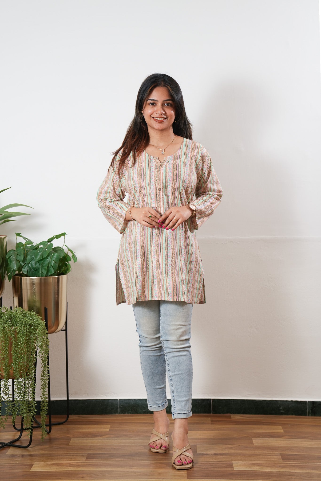 Round neck cotton short kurti -Multicoloured stripes