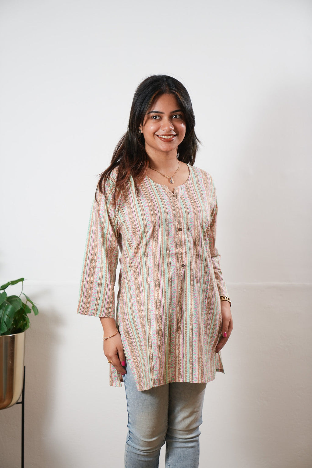 Round neck cotton short kurti -Multicoloured stripes
