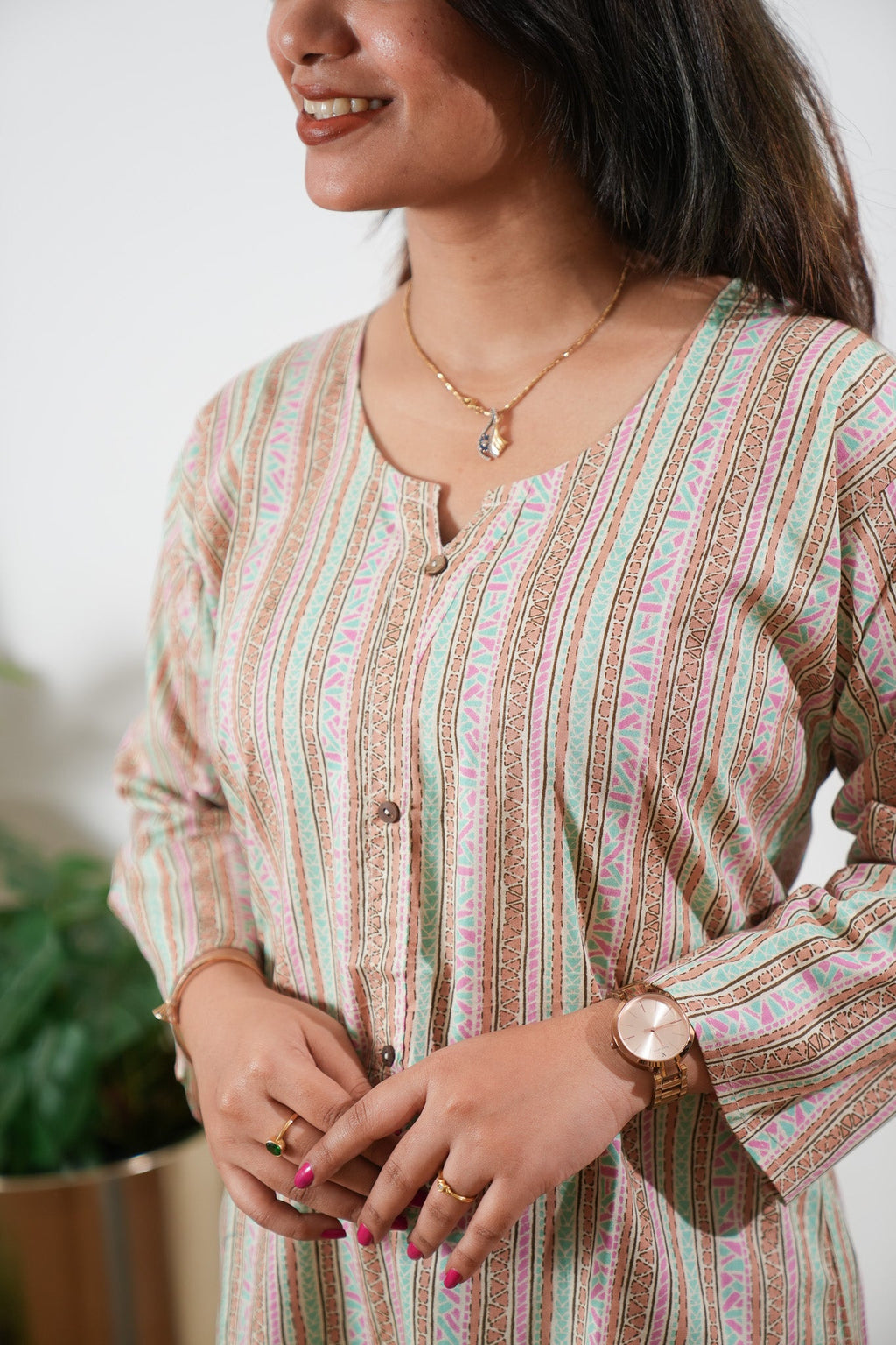 Round neck cotton short kurti -Multicoloured stripes