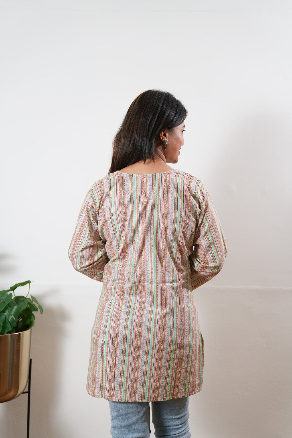 Round neck cotton short kurti -Multicoloured stripes