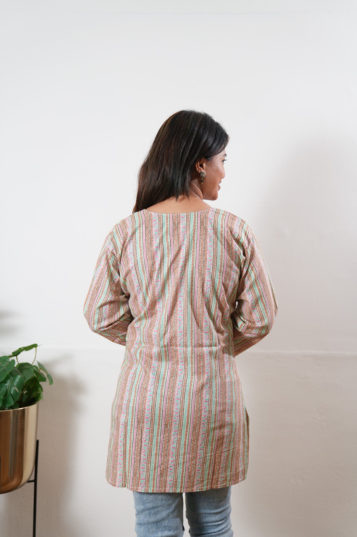 Round neck cotton short kurti -Multicoloured stripes