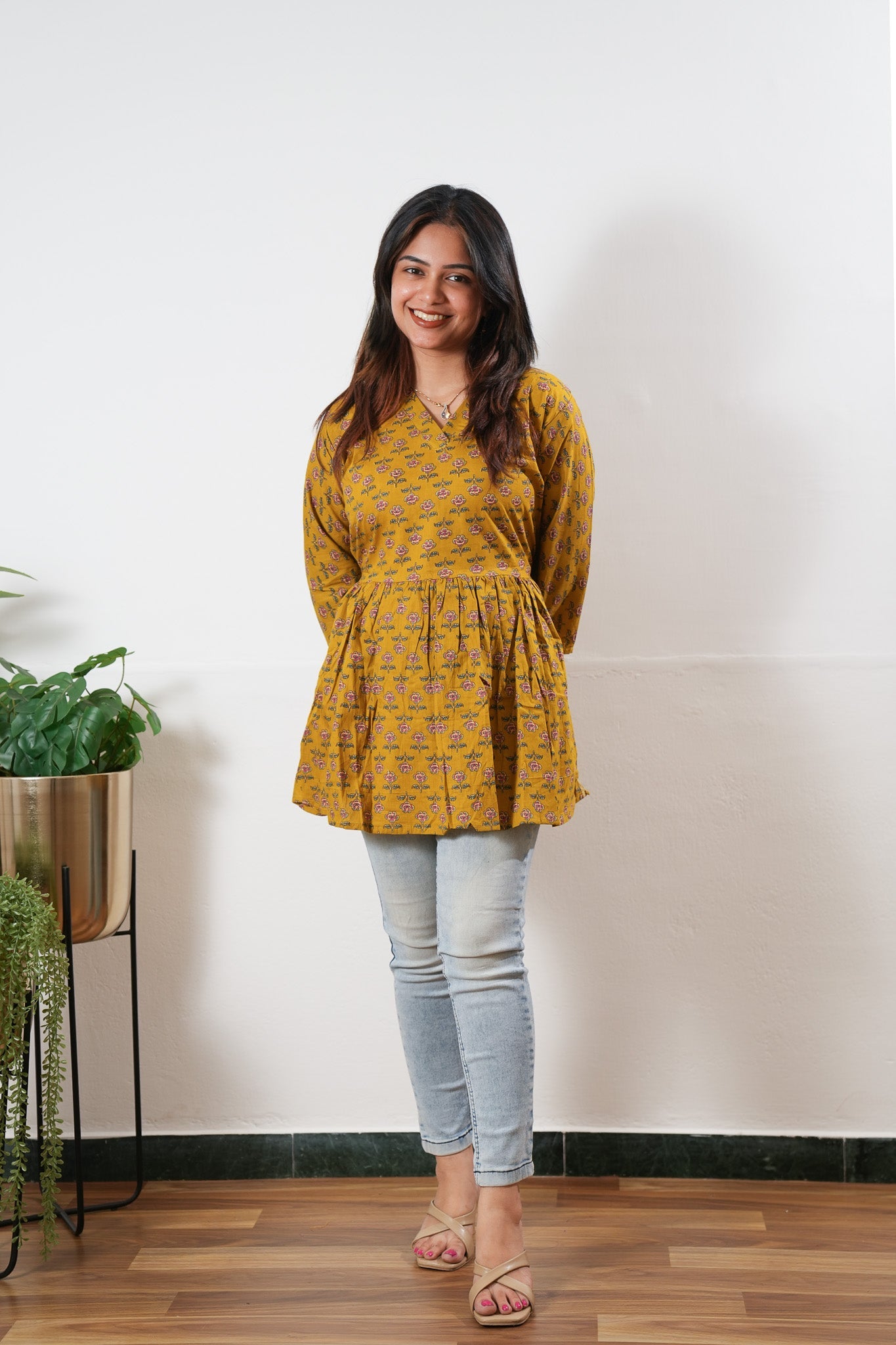 Peplum cotton short kurti - Mustard rose