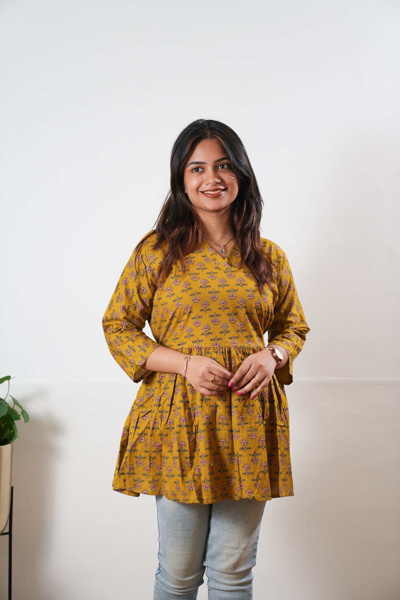 Peplum cotton short kurti - Mustard rose