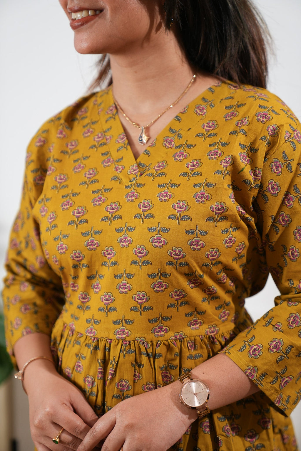 Peplum cotton short kurti - Mustard rose