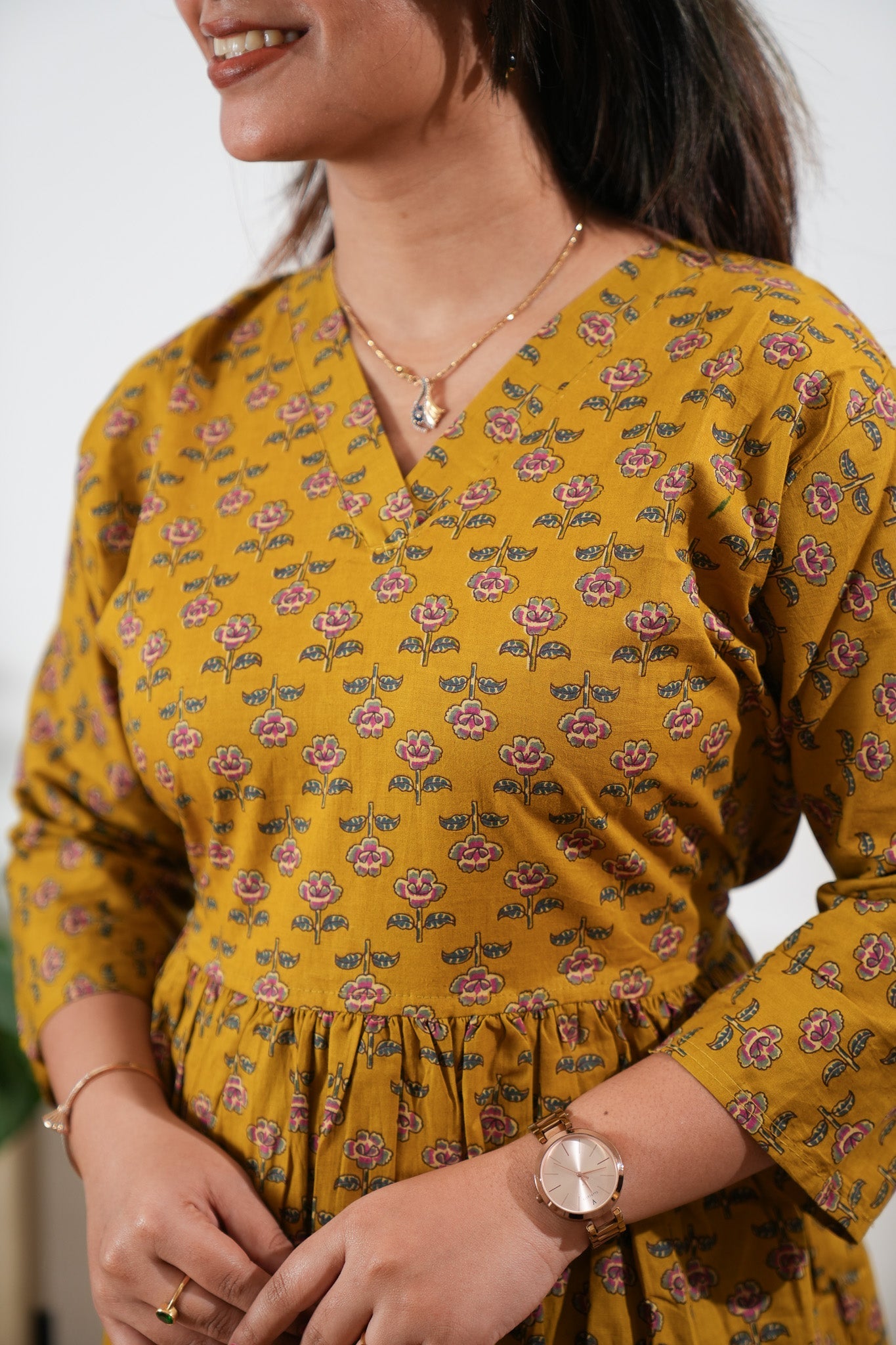 Peplum cotton short kurti - Mustard rose