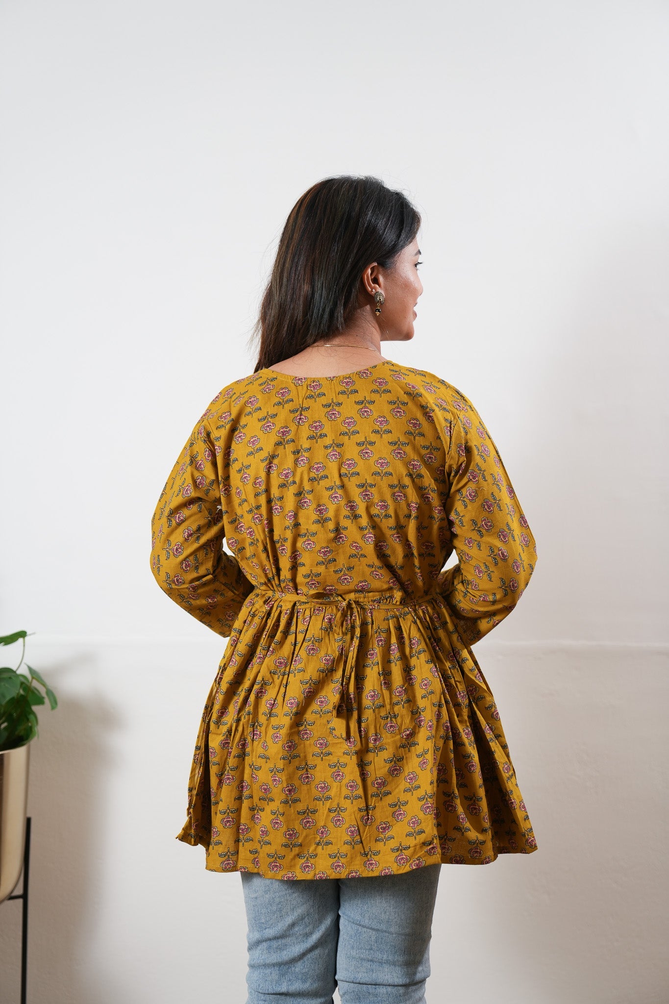 Peplum cotton short kurti - Mustard rose