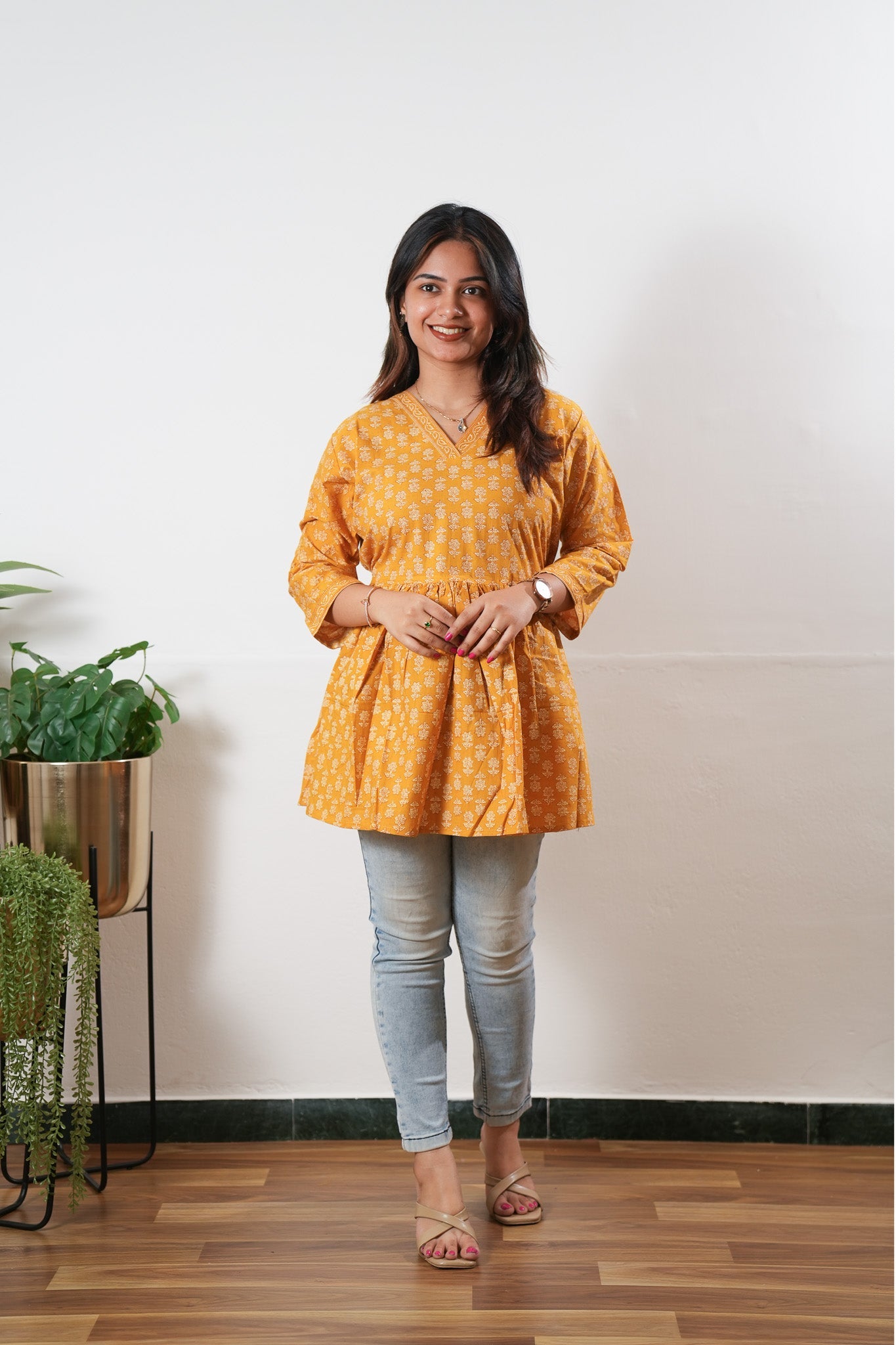 Peplum cotton short kurti - Gold