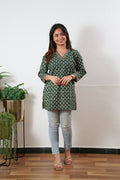 V neck cotton short kurti -Forest green