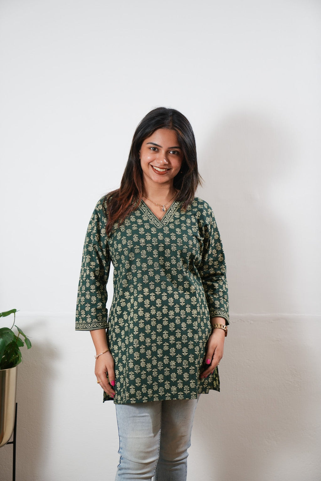 V neck cotton short kurti -Forest green