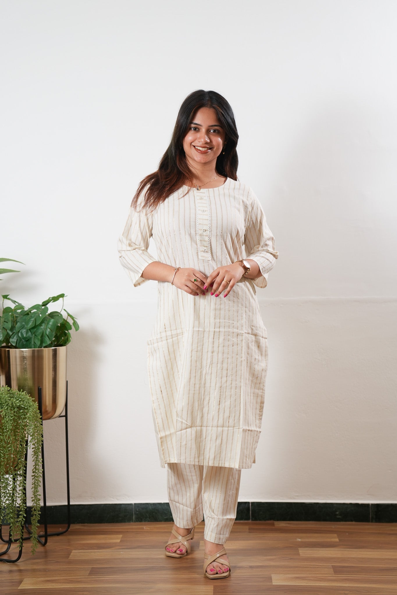 Beige stripes cotton co-ords set