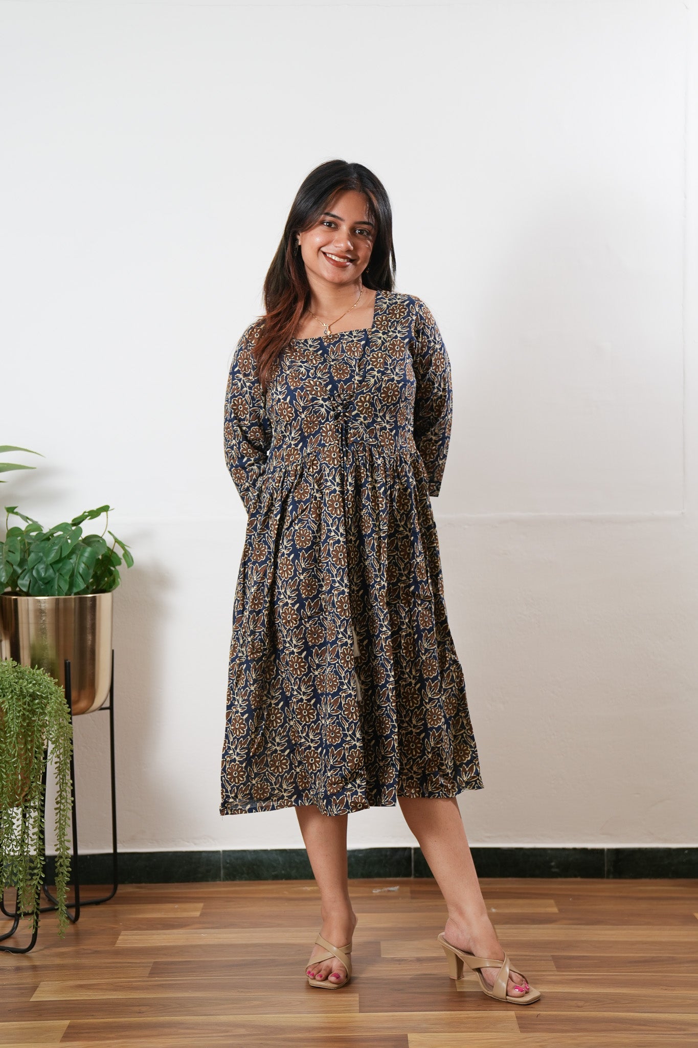 Navy and brown cotton v neck dress