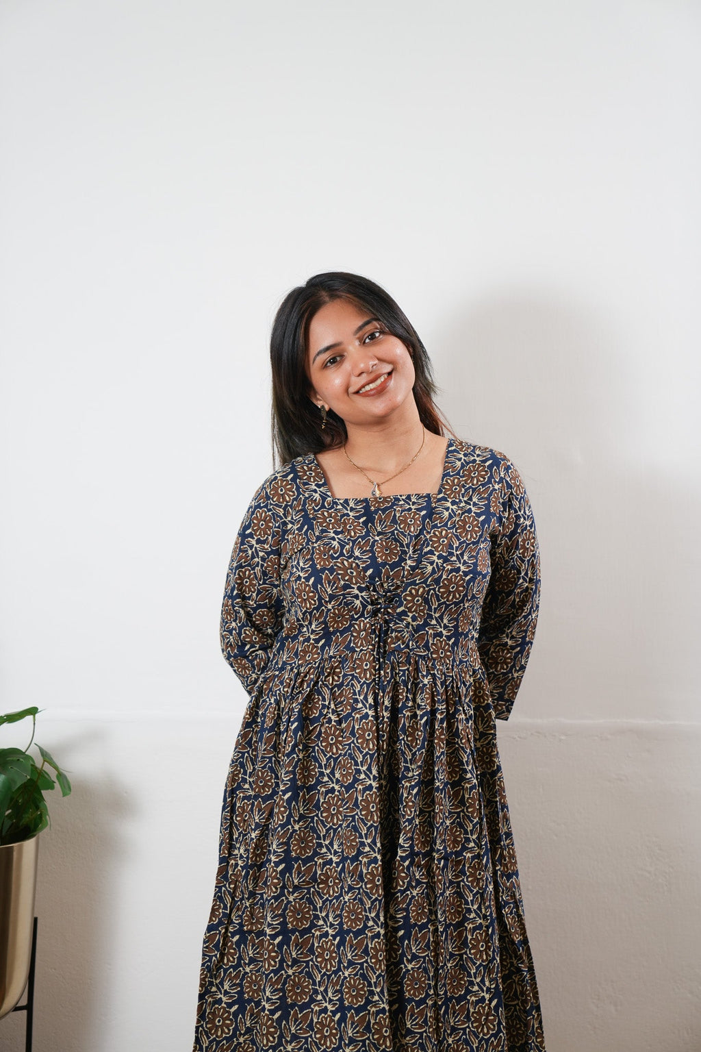 Navy and brown cotton v neck dress