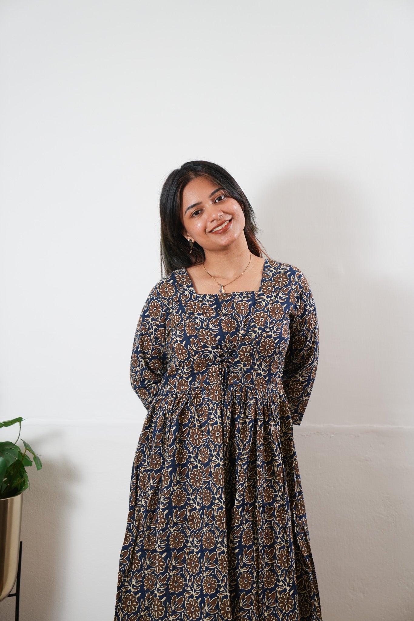 Navy and brown cotton v neck dress