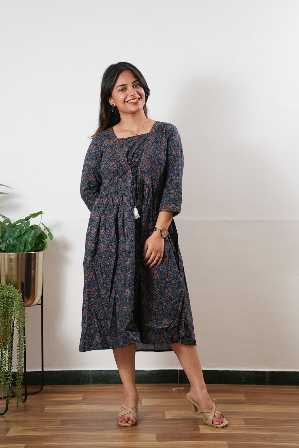 Dark blue cotton v neck dress