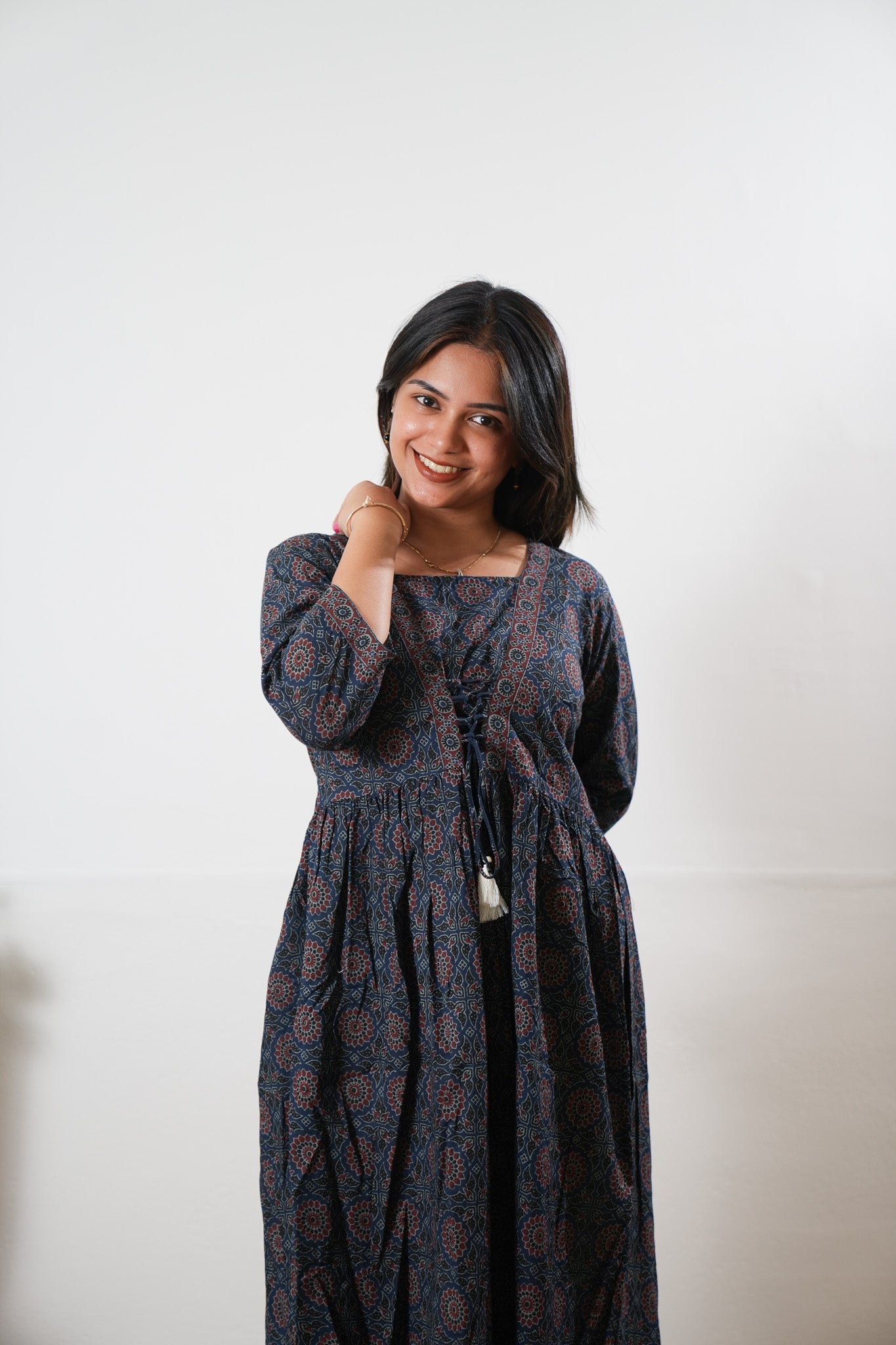 Dark blue cotton v neck dress
