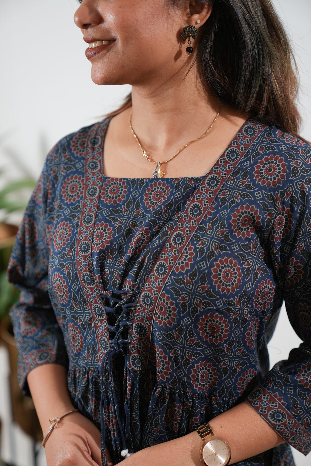 Dark blue cotton v neck dress