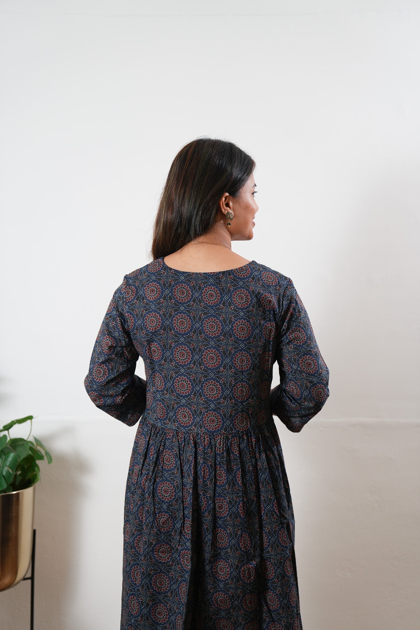 Dark blue cotton v neck dress