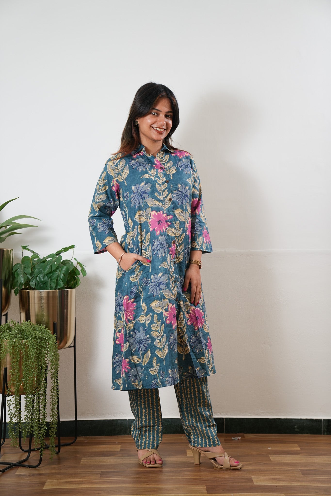 Peacock blue button down shirt co-ords set