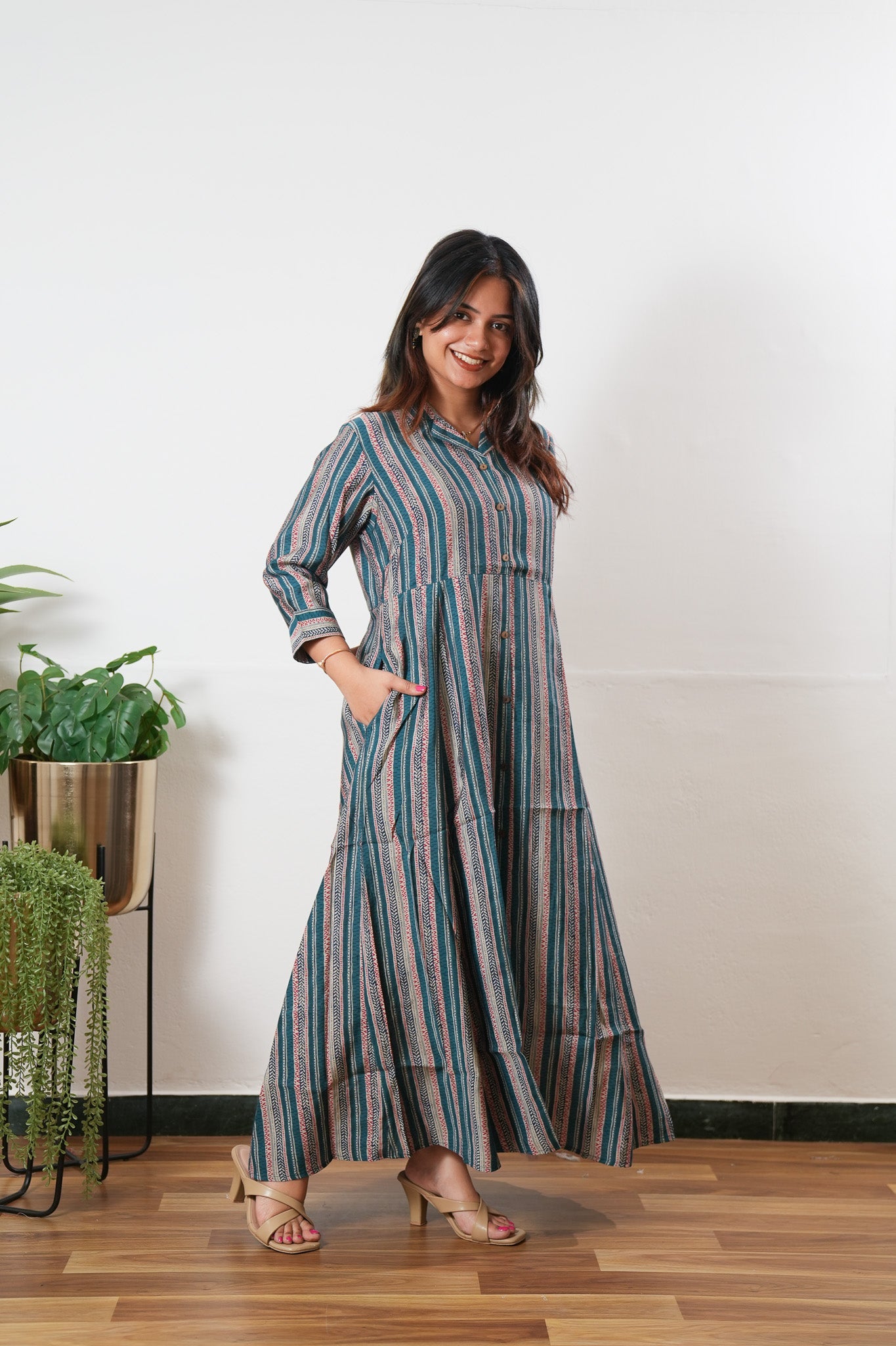Peacock blue muslin button down shirt dress