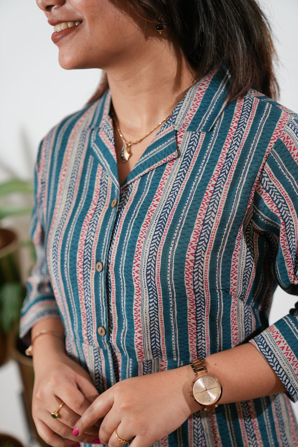 Peacock blue muslin button down shirt dress
