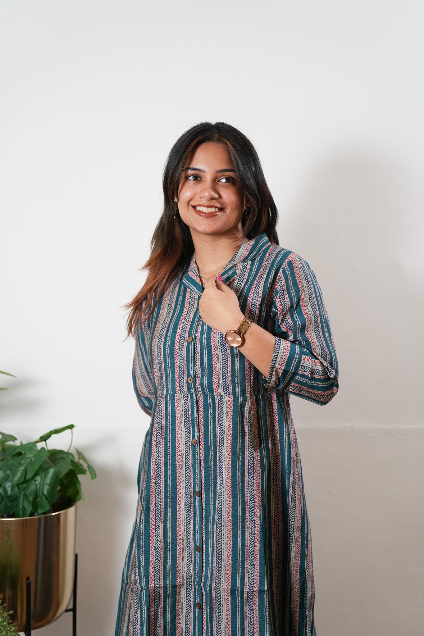 Peacock blue muslin button down shirt dress
