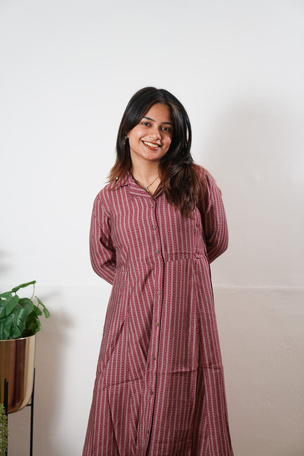 Maroon stripes muslin button down shirt dress