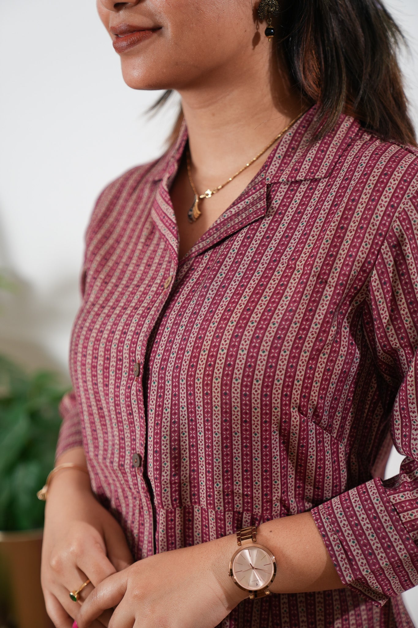 Maroon stripes muslin button down shirt dress