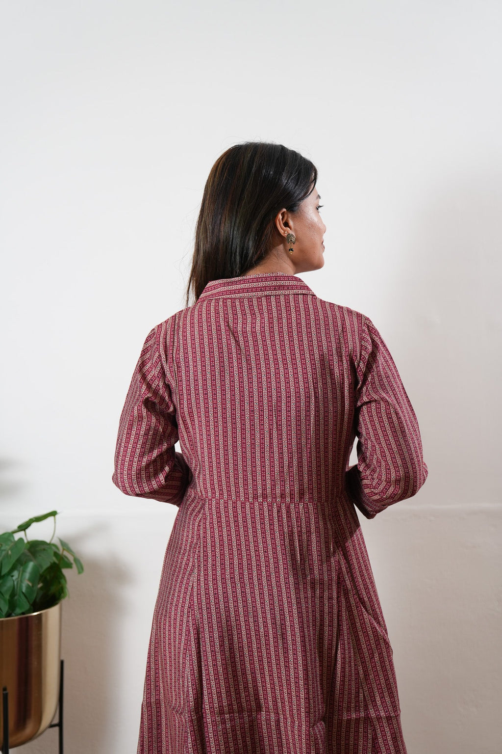Maroon stripes muslin button down shirt dress