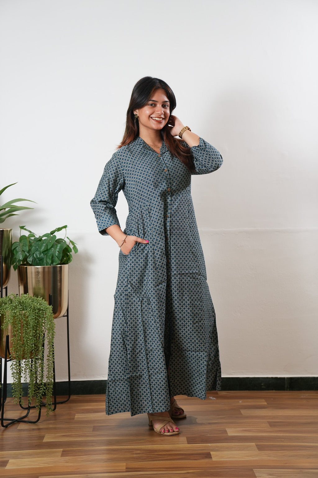 Blue and beige muslin button down shirt dress